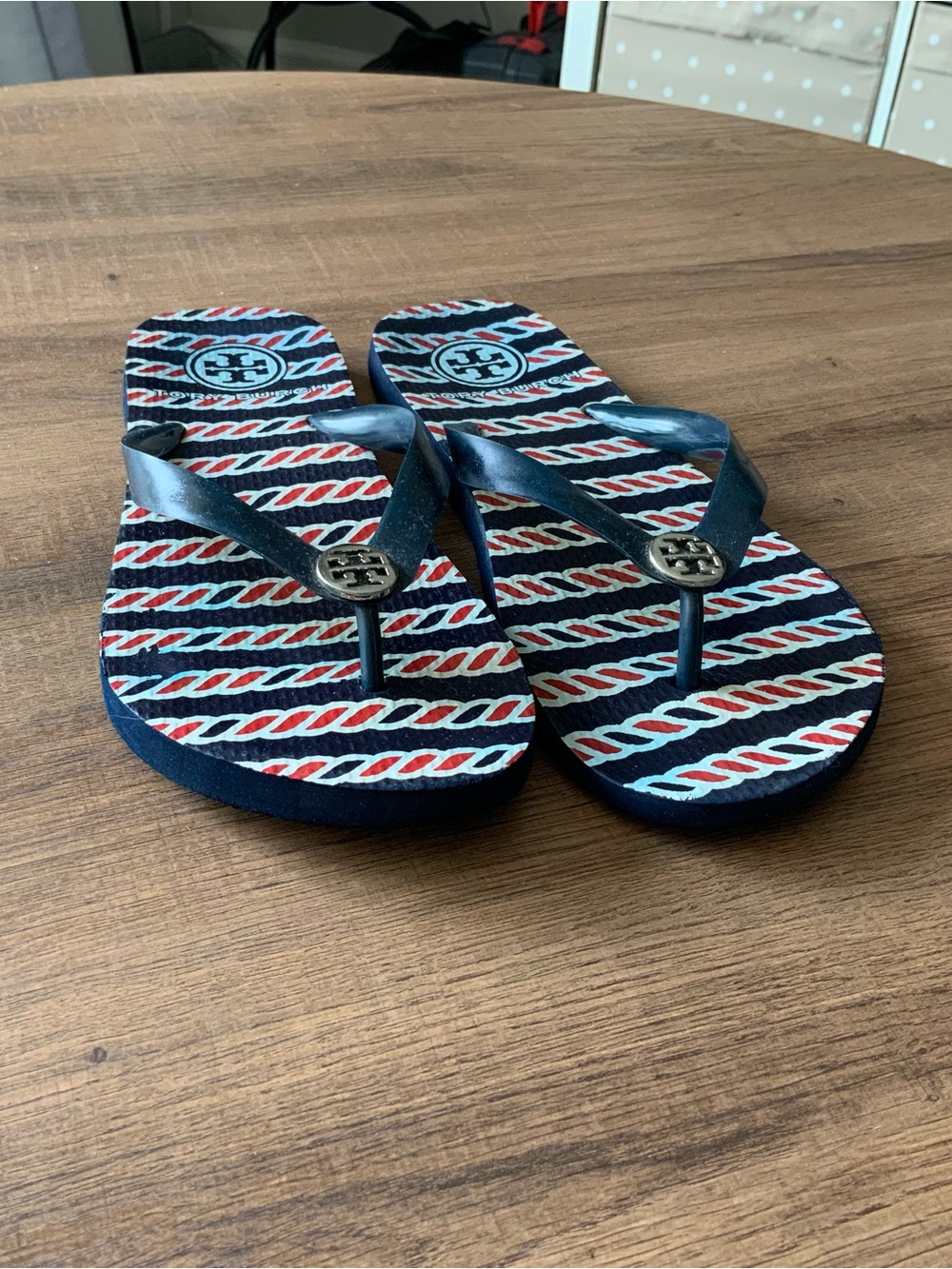 Tory Burch Navy, Red & White Striped Logo Flip Flops